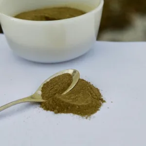 Finely Ground Red Horn Maeng Da Kratom on a table being measured to brew into a cup of pain relieving tea.