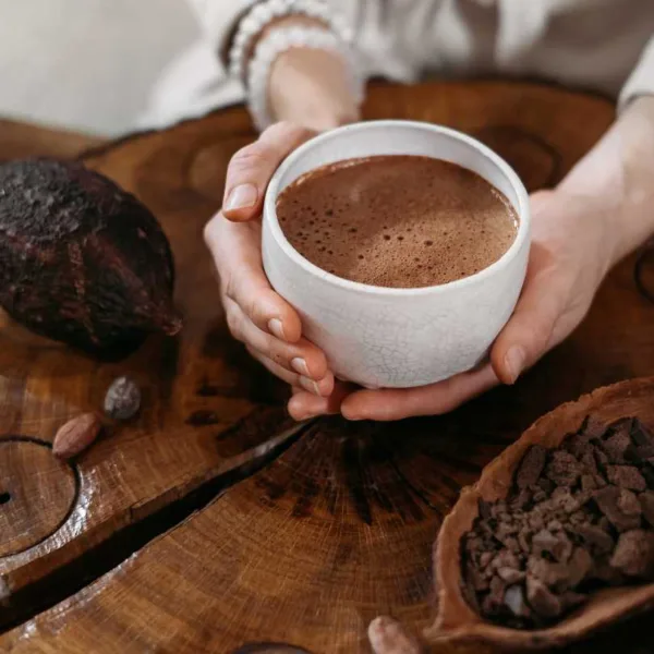 A fresh warm mug of ceremonial grade Guatemalan cacao